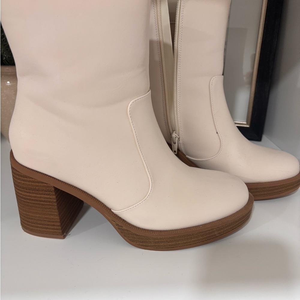 a new day Cream Mid-Calf Block Heel Boots with Side Zip - Picture 2 of 6